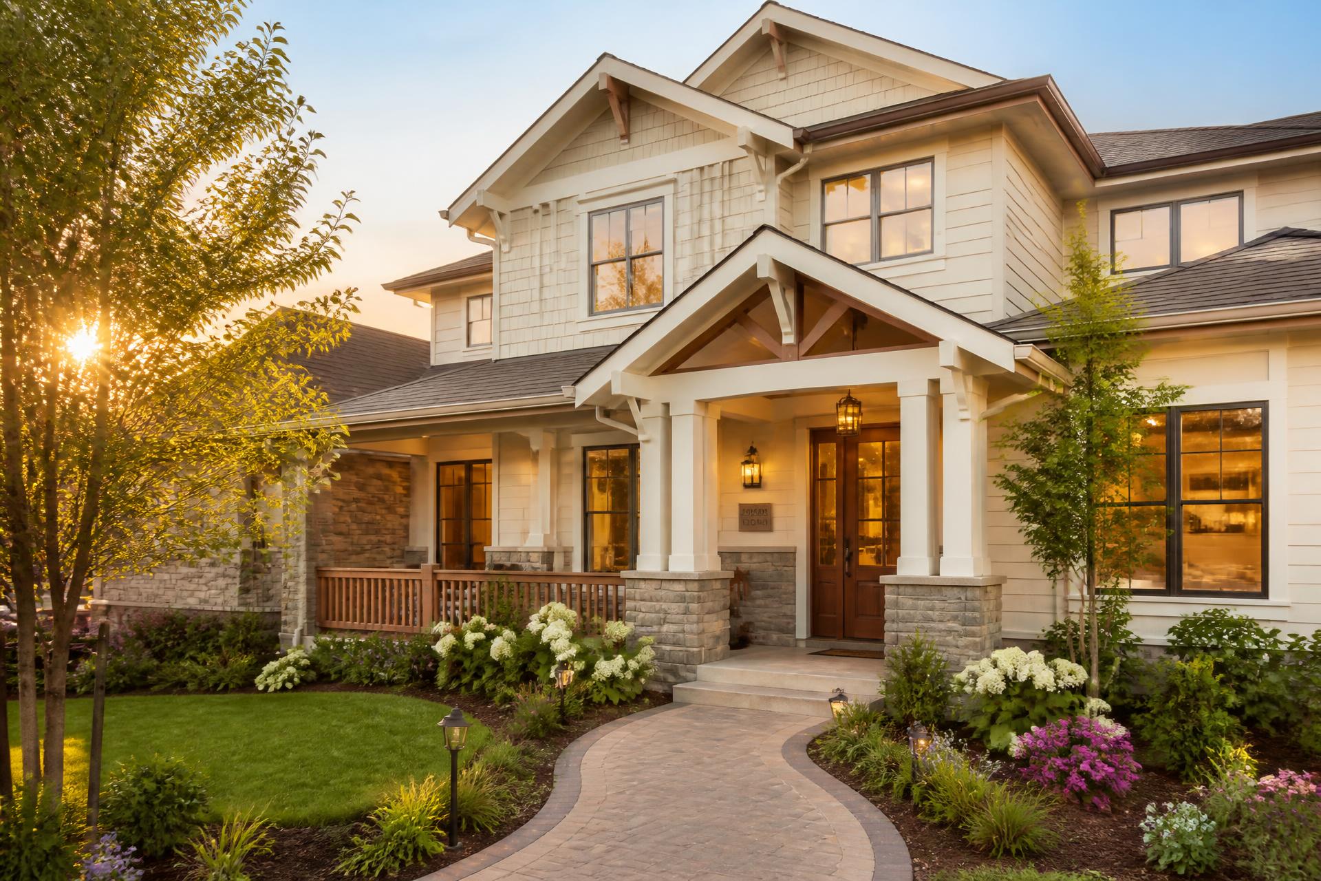 Welcoming residential home at golden hour with warm lighting
