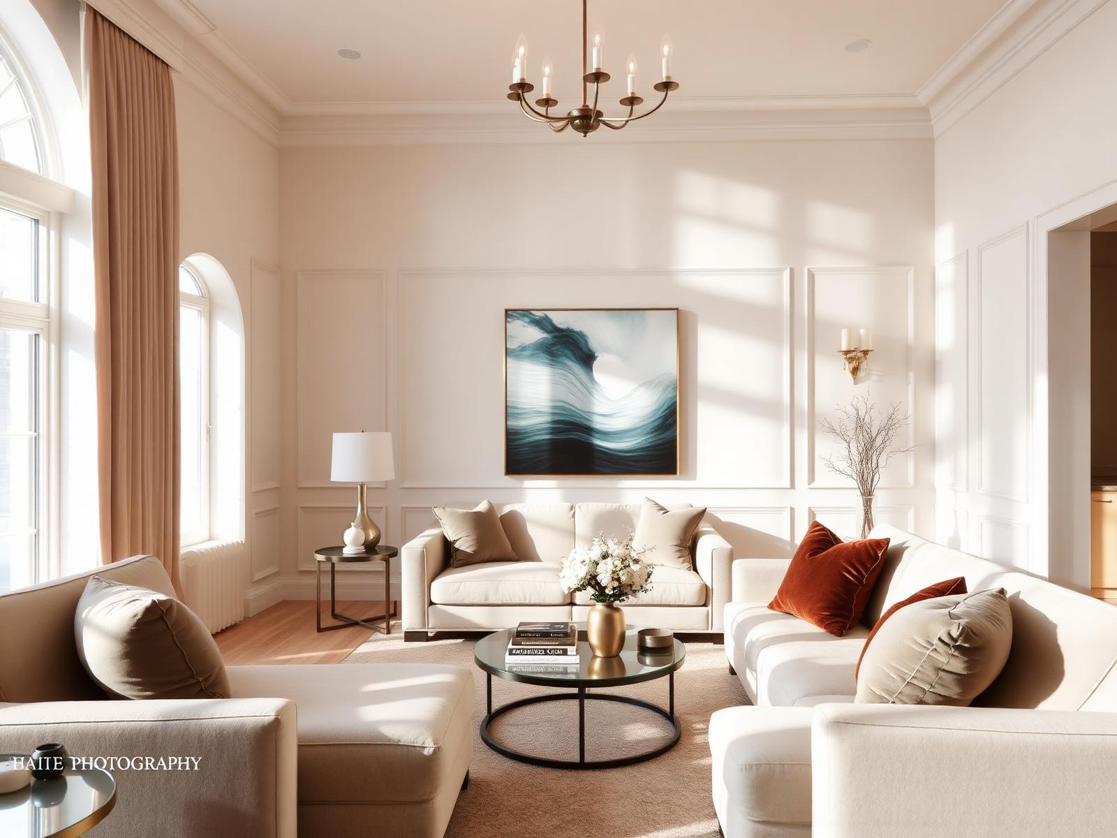 Warm elegant shared living room with natural light